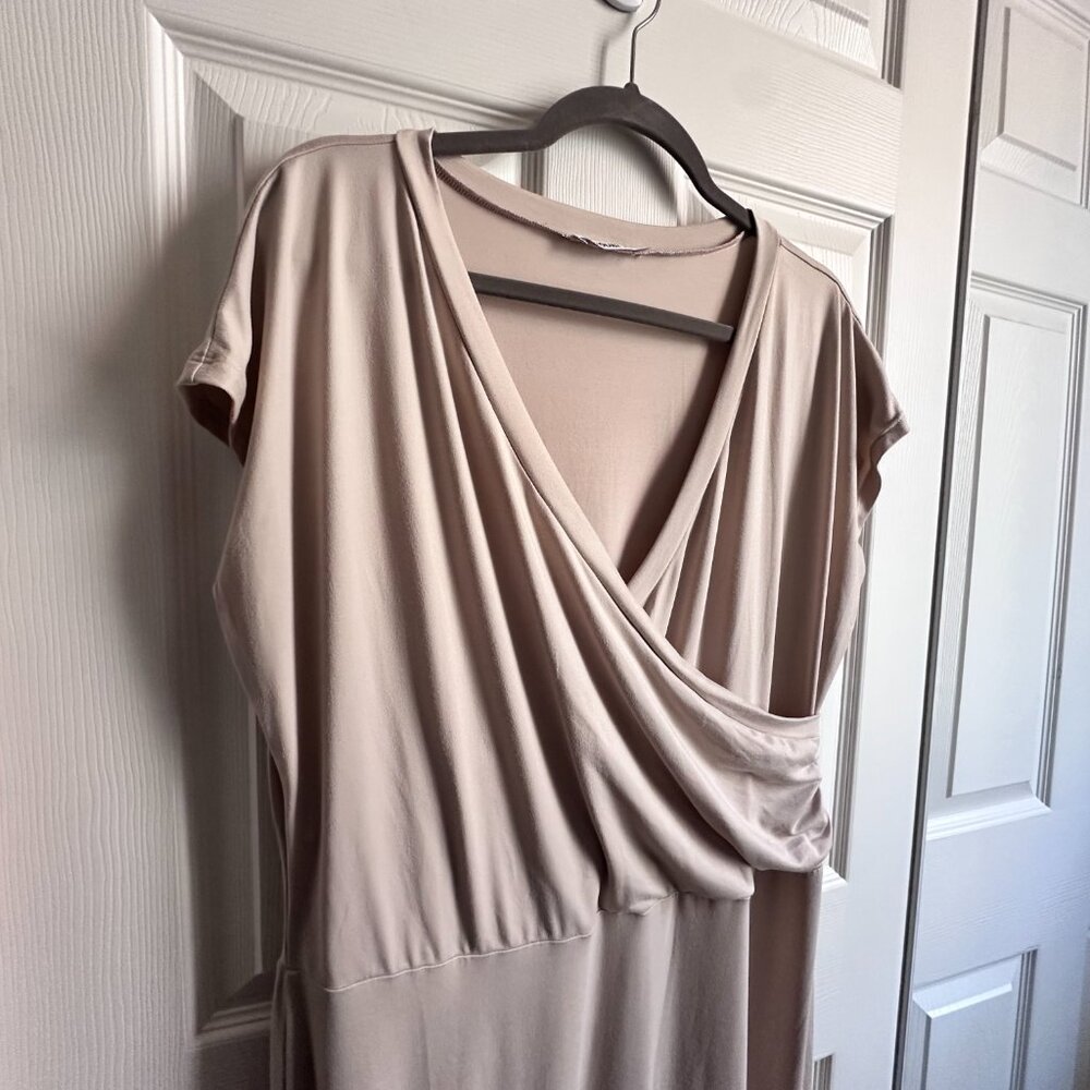 DoubleJu Womens 3X Beige Taupe Jersey Draped Faux Wrap Cap Sleeve Maxi Dress - Picture 4 of 10